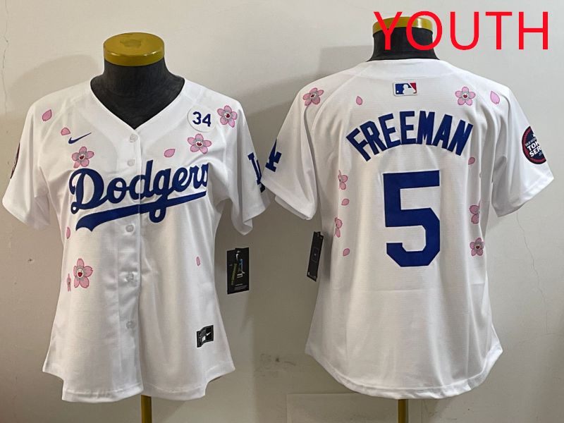 Youth Los Angeles Dodgers 5 Freeman White Sakura Edition 2025 Nike MLB Jersey style 5